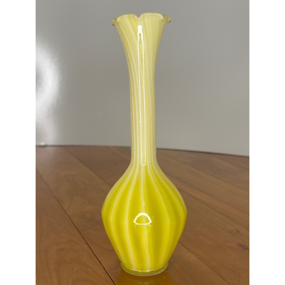Vintage Hand Blown Yellow Art Glass Bud Vase | Mid Century Ribbed Stretch Glass